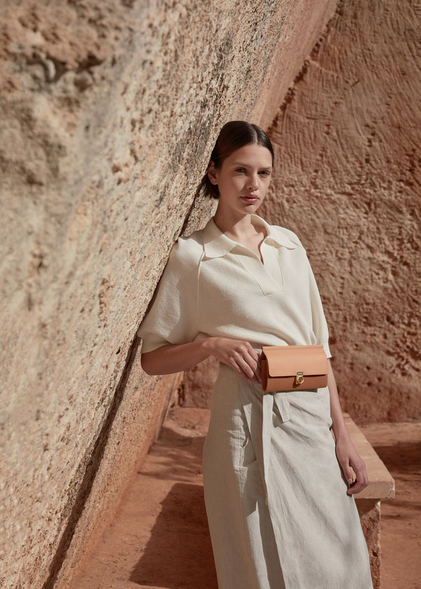Polène Numéro Sept Belt Edition Duo Camel Textured Leather | SN-PLN365062