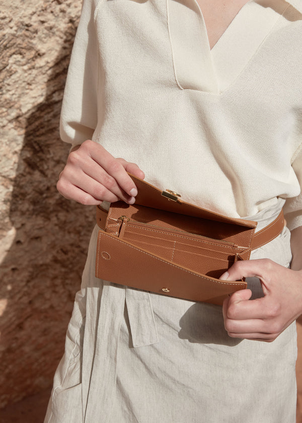 Polène Numéro Sept Belt Edition Duo Camel Textured Leather | SN-PLN365062