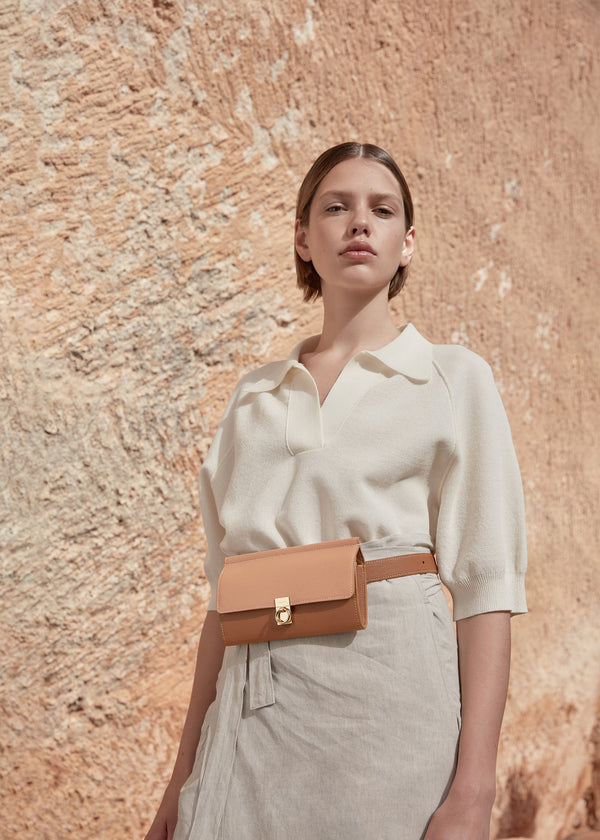 Polène Numéro Sept Belt Edition Duo Camel Textured Leather | SN-PLN364859